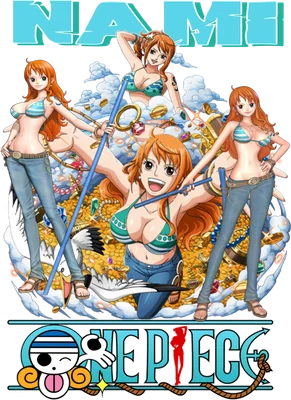 Hình ảnh Nami trong One Piece với nhiều phiên bản, bao quanh bởi kho báu vàng và trang sức.
