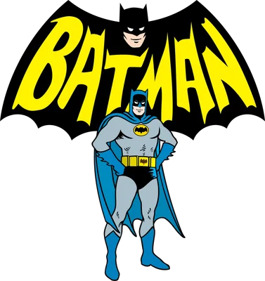 Hình ảnh Batman đứng với logo cánh dơi và chữ BATMAN phía sau, phong cách hoạt hình cổ điển.