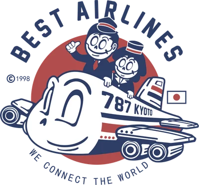 Hình in hoạt hình phong cách retro với hai nhân vật phi công vui vẻ trên máy bay có mặt cười, kèm chữ 'BEST AIRLINES' và cờ Nhật.