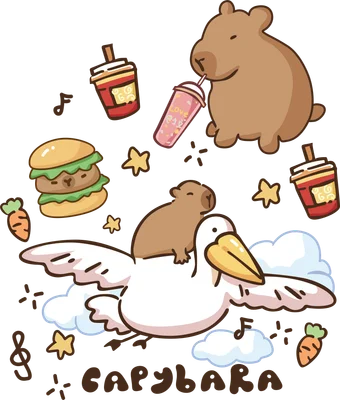 Hình minh họa capybara hoạt hình dễ thương uống trà sữa, cưỡi bồ nông bay trên mây cùng hamburger và cà rốt.
