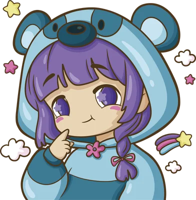 Hình vẽ chibi cô gái tóc tím, mặc áo hoodie hình gấu màu xanh, có mây và sao xung quanh.
