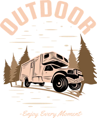Minh họa outdoor camping với chiếc RV/camper van trên đường, cây thông quanh, bầu trời xám và chữ 'Enjoy Every Moment'