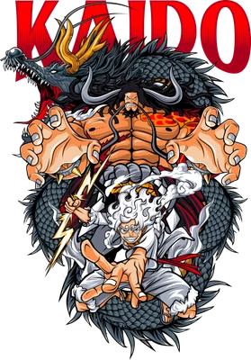 Hình ảnh Kaido và Luffy trong One Piece đối đầu với rồng, phong cách anime.