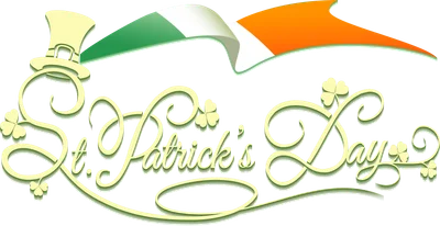 Chữ St. Patrick's Day cách điệu với mũ đội đầu và lá cờ Ireland phía trên.