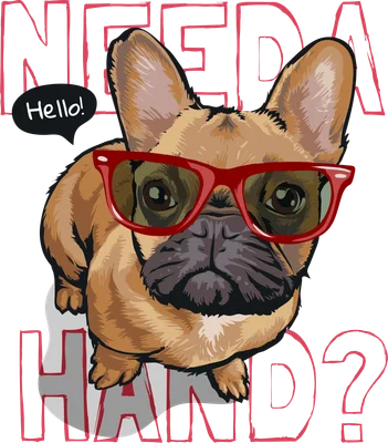 Hình minh họa chó Bulldog Pháp màu nâu đeo kính gọng đỏ, có bong bóng thoại 'Hello!' và chữ 'NEED HAND?' mờ phía sau.