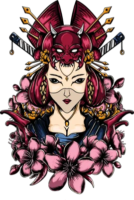 Hình ảnh minh họa Geisha Nhật Bản với mặt nạ Oni đỏ và hoa anh đào hồng rực rỡ, phong cách nghệ thuật Nhật Bản.