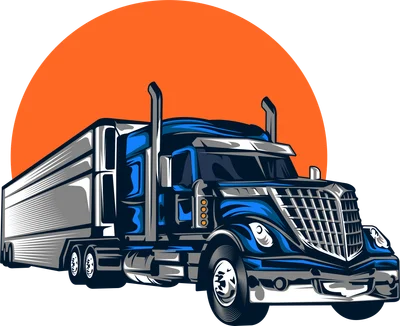 Hình minh họa xe tải đầu kéo màu xanh dương với trailer, phía sau là mặt trời màu cam.