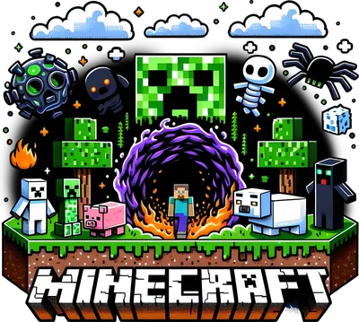 Hình ảnh minh họa thế giới Minecraft với các nhân vật Creeper, Steve, Enderman, nhện, bộ xương, lợn, cừu và các khối vuông.