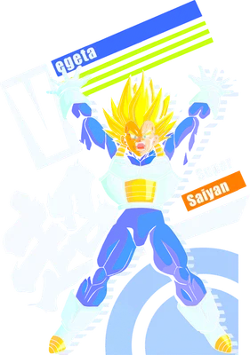 Hình ảnh Vegeta Super Saiyan với mái tóc vàng, trang phục xanh trắng, tư thế chiến đấu, có chữ 'Vegeta' và 'Super Saiyan'