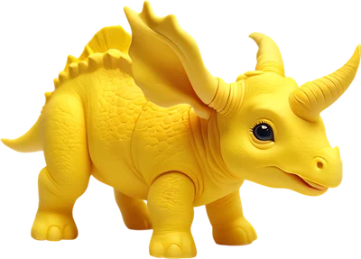 Hình ảnh khủng long Triceratops màu vàng tươi tắn với đôi mắt to tròn đáng yêu, phong cách hoạt hình 3D.