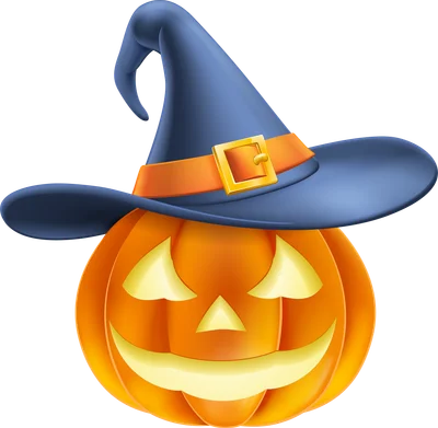Hình ảnh bí ngô Jack-o'-lantern đội mũ phù thủy màu xanh, biểu cảm vui vẻ, sẵn sàng cho lễ hội Halloween.