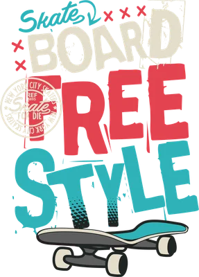 Hình ảnh ván trượt Freestyle với chữ lớn phong cách Retro, màu sắc nổi bật
