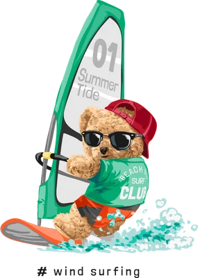 Hình minh họa gấu Teddy đội mũ, đeo kính râm lướt ván buồm trên biển, có chữ 'Summer Tide' và 'Beach Surf Club'.