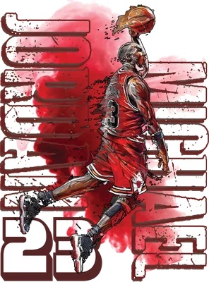 Hình vẽ Michael Jordan đang thực hiện cú úp rổ, với hiệu ứng màu đỏ và chữ "Jordan 23" phía sau.