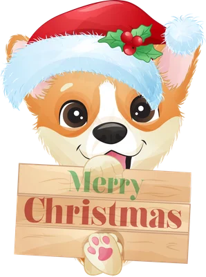Hình ảnh chú chó Corgi đội mũ ông già Noel, cầm bảng gỗ ghi 'Merry Christmas'