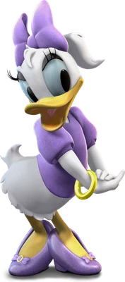 Hình ảnh nhân vật hoạt hình Daisy Duck của Disney trong trang phục tím, tạo dáng dễ thương trên nền xám.