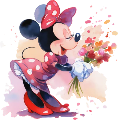 Minnie Mouse vui vẻ ôm bó hoa tươi thắm phong cách màu nước