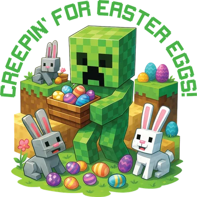 Nhân vật Creeper Minecraft với giỏ trứng Phục Sinh, xung quanh có các chú thỏ Minecraft và trứng Phục Sinh nhiều màu sắc.