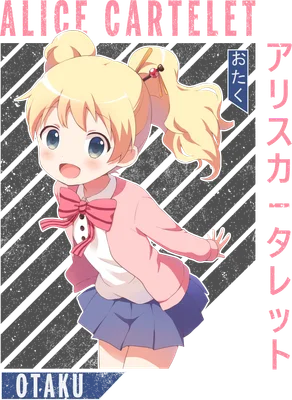 Hình ảnh cô gái anime tóc vàng buộc hai bím, mặc áo khoác hồng, váy xanh, biểu cảm vui vẻ.