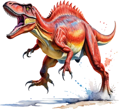 Hình ảnh khủng long Spinosaurus màu đỏ cam rực rỡ đang gầm thét và chạy trong nước, phong cách màu nước.
