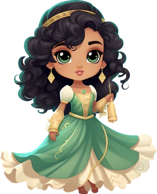 Hình ảnh cô gái chibi dễ thương với mái tóc xoăn đen, đôi mắt xanh lá to tròn, mặc váy xanh ngọc và vàng, cầm chai nhỏ.