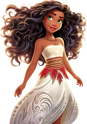 Hình ảnh công chúa Moana của Disney với mái tóc xoăn đen, đôi mắt xanh và nụ cười rạng rỡ, mặc trang phục truyền thống màu trắng.