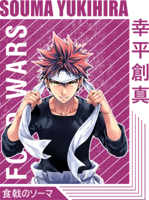 Hình ảnh anime Soma Yukihira từ Food Wars, tóc đỏ, đeo băng đô trắng, mặc áo đen.