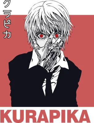 Hình ảnh Kurapika từ Hunter x Hunter với đôi mắt đỏ rực, tay đeo xích che mặt, phong cách anime.