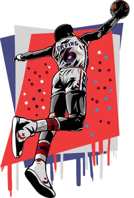 Hình vẽ minh họa vận động viên bóng rổ Kyrie Irving đang bật nhảy với quả bóng trên tay, mặc áo số 6.