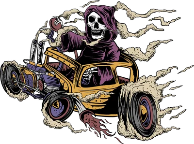 Hình minh họa thần chết đội mũ trùm đầu màu tím lái chiếc xe hot rod màu vàng với khói và lửa.