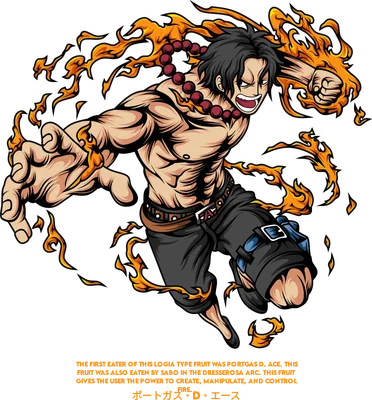 Hình vẽ nhân vật Ace (One Piece) với sức mạnh lửa bao quanh, biểu cảm chiến đấu.