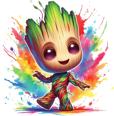 Hình ảnh Baby Groot hoạt hình đáng yêu với thân cây nhiều màu sắc và hiệu ứng vệt sơn nước cầu vồng trên nền xám.