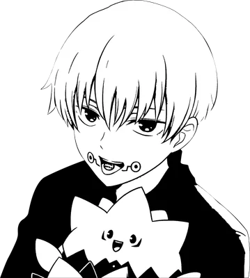 Hình vẽ anime chàng trai tóc trắng, mắt to, đang ôm một sinh vật nhỏ màu trắng có mặt cười.