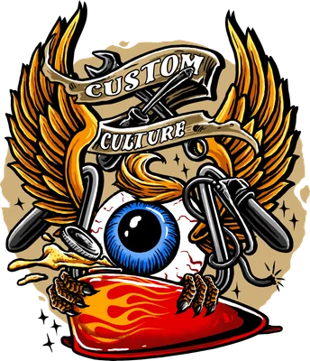 Biểu tượng văn hóa custom xe máy với mắt xanh và lửa