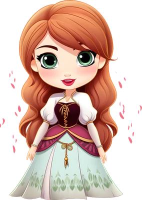 Hình ảnh nhân vật hoạt hình chibi cô gái tóc đỏ mắt xanh mặc váy công chúa màu tím và xanh lá, nền xám.