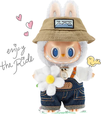 Hình ảnh nhân vật thỏ bông trắng đội mũ xô, mặc yếm jean, ôm hoa cúc trắng, có chữ 'enjoy the Ride' và trái tim.