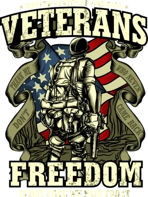Hình ảnh chiến binh Việt Nam đứng trước lá cờ Mỹ, với dòng chữ 'Veterans' và 'Freedom'