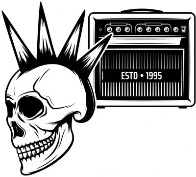 Hình minh họa đầu lâu đội mohawk, có tia sét, bên cạnh là amply guitar và chữ 'ROCK FESTIVAL ESTD 1995' màu trắng trên nền xám.