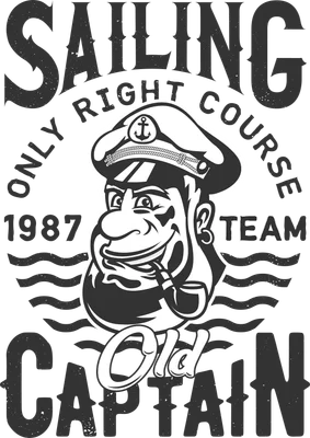 Hình ảnh thuyền trưởng già hoạt hình với mũ hải quân và tẩu thuốc, chữ 'Sailing Old Captain' phong cách vintage, màu xám trắng.