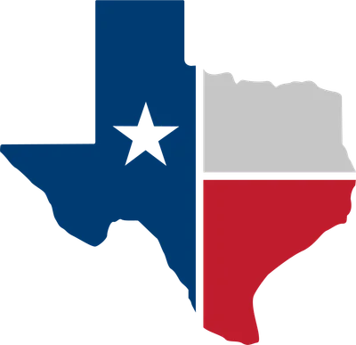 Bản đồ bang Texas được cách điệu với màu sắc của cờ Texas: xanh dương, trắng và đỏ.