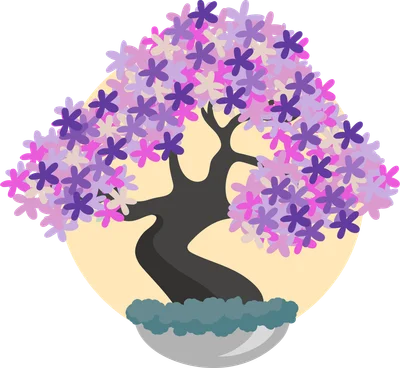 Hình minh họa cây bonsai với tán lá đầy hoa màu tím và hồng, trên nền tròn màu vàng nhạt.