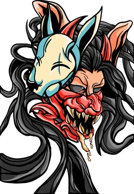 Hình minh họa mặt nạ quỷ Hannya đỏ và mặt nạ cáo Kitsune phong cách nghệ thuật Nhật Bản