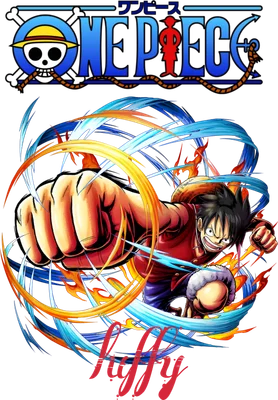 Hình ảnh Monkey D. Luffy với biểu cảm quyết tâm, tung cú đấm mạnh mẽ, bao quanh bởi hiệu ứng lửa và nước, logo One Piece phía trên.