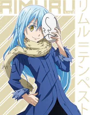 Nhân vật anime Rimuru Tempest với mái tóc xanh, đeo khăn choàng, cầm một chiếc mặt nạ trắng.