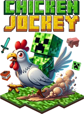 Hình ảnh Creeper Minecraft cưỡi gà chạy trên nền đất vuông vắn, có kiếm và TNT.