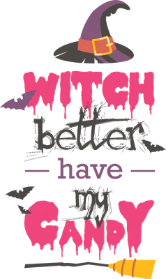 Hình ảnh minh họa chủ đề Halloween với mũ phù thủy, dơi, và dòng chữ 'Witch better have my candy'
