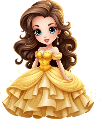 Hình ảnh công chúa Belle chibi tóc nâu, mắt xanh, mặc váy dạ hội vàng bồng bềnh, tươi cười rạng rỡ.