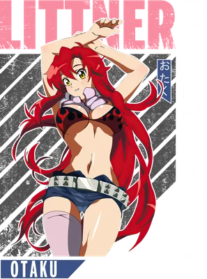 Hình ảnh Yoko Littner, nhân vật anime tóc đỏ quyến rũ, mặc bikini và quần short, với chữ "LITTNER" và "OTAKU" trên nền xám.