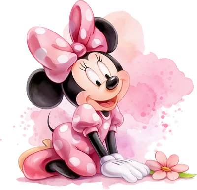 Hình ảnh Minnie Mouse hoạt hình mặc váy hồng chấm bi, nơ hồng lớn, ngồi cười tươi trên nền màu nước hồng nhạt.