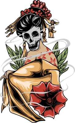 Hình ảnh geisha với khuôn mặt đầu lâu, đội tóc giả cầu kỳ, mặc kimono vàng, tay cầm hoa đỏ, xung quanh có lá cây và khói.